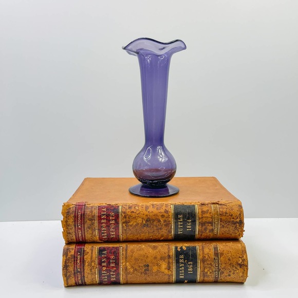 Hand Blown Art Glass Amethyst Purple Vase Crackle Glass Ruffle Rim - Picture 1 of 7